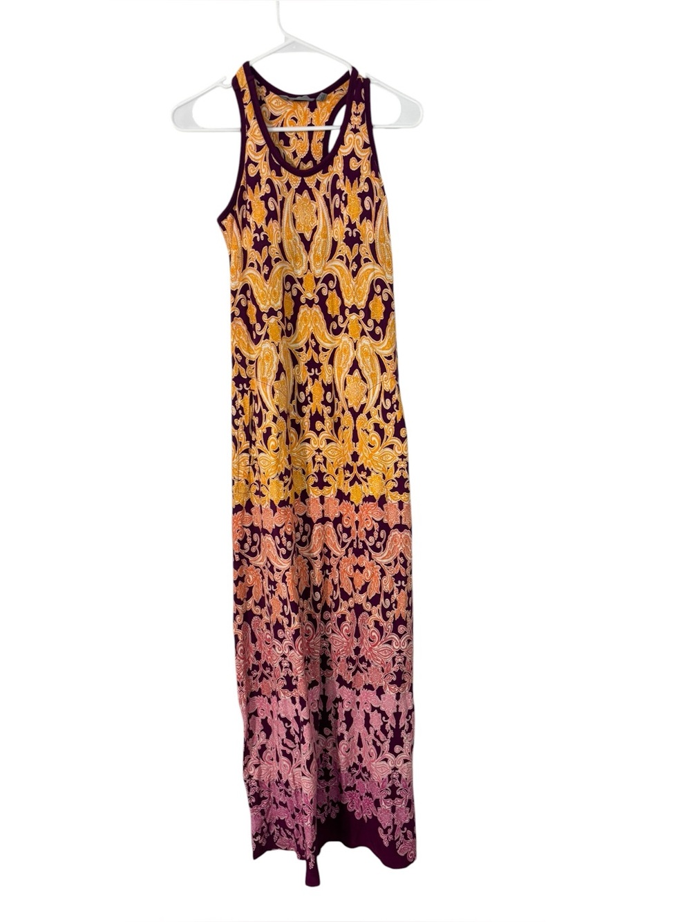 Athleta Printed Tee Maxi Dress, Raspberry Brocade Dip Dye Ombre, Size Small - Picture 2 of 8